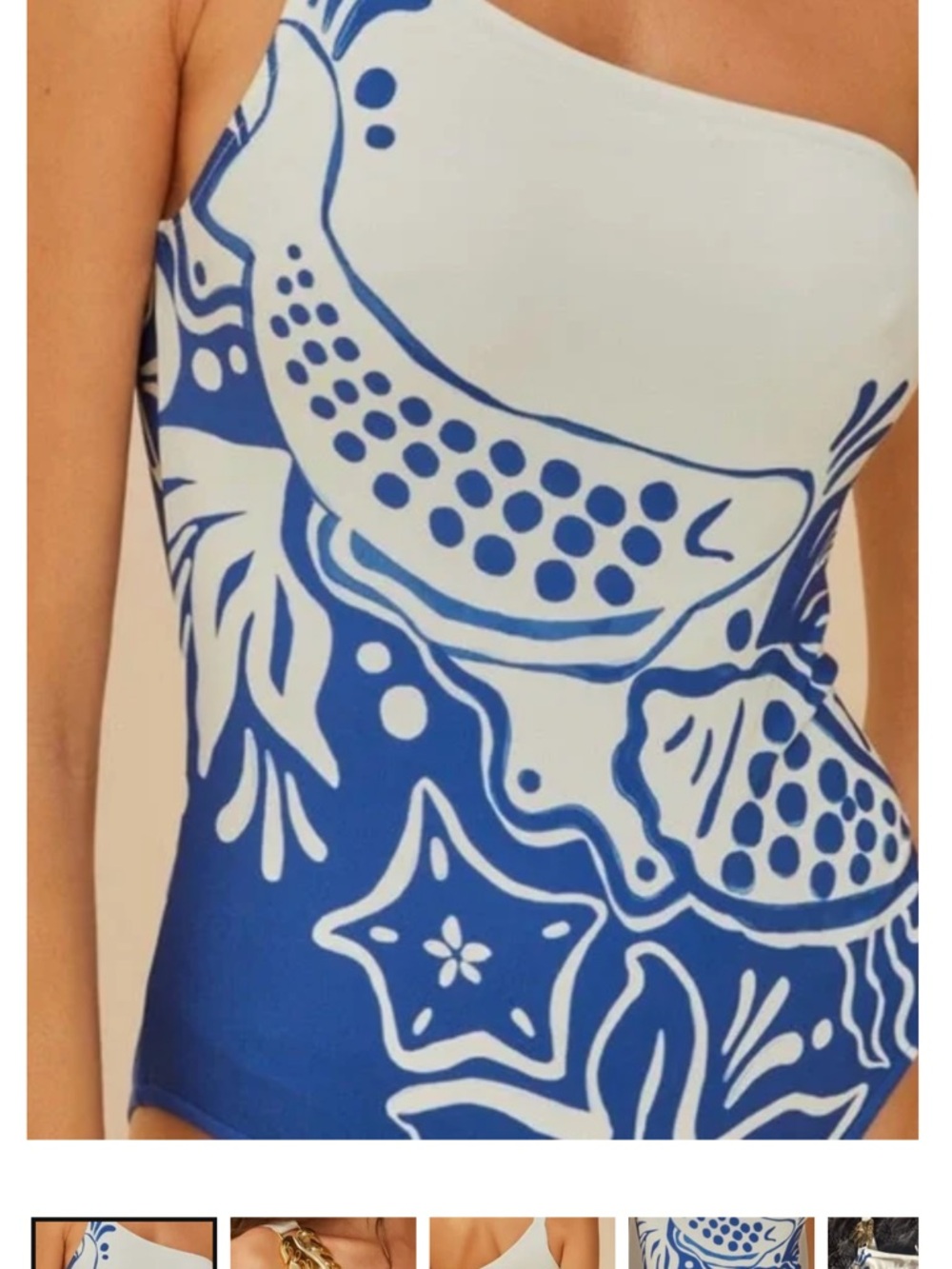 FARM Rio One-Shoulder Blue and White Printed Swimsuit